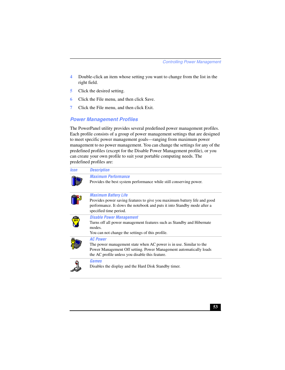 Power management profiles | Sony PCG-FX270K User Manual | Page 53 / 138