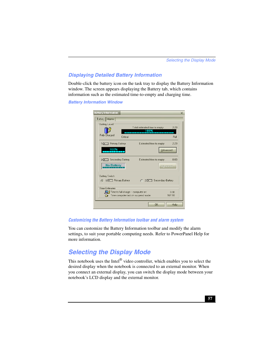 Displaying detailed battery information, Selecting the display mode | Sony PCG-FX270K User Manual | Page 57 / 138