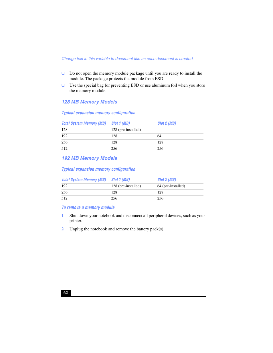 128 mb memory models, 192 mb memory models, 128 mb memory models 192 mb memory models | Sony PCG-FX270K User Manual | Page 62 / 138