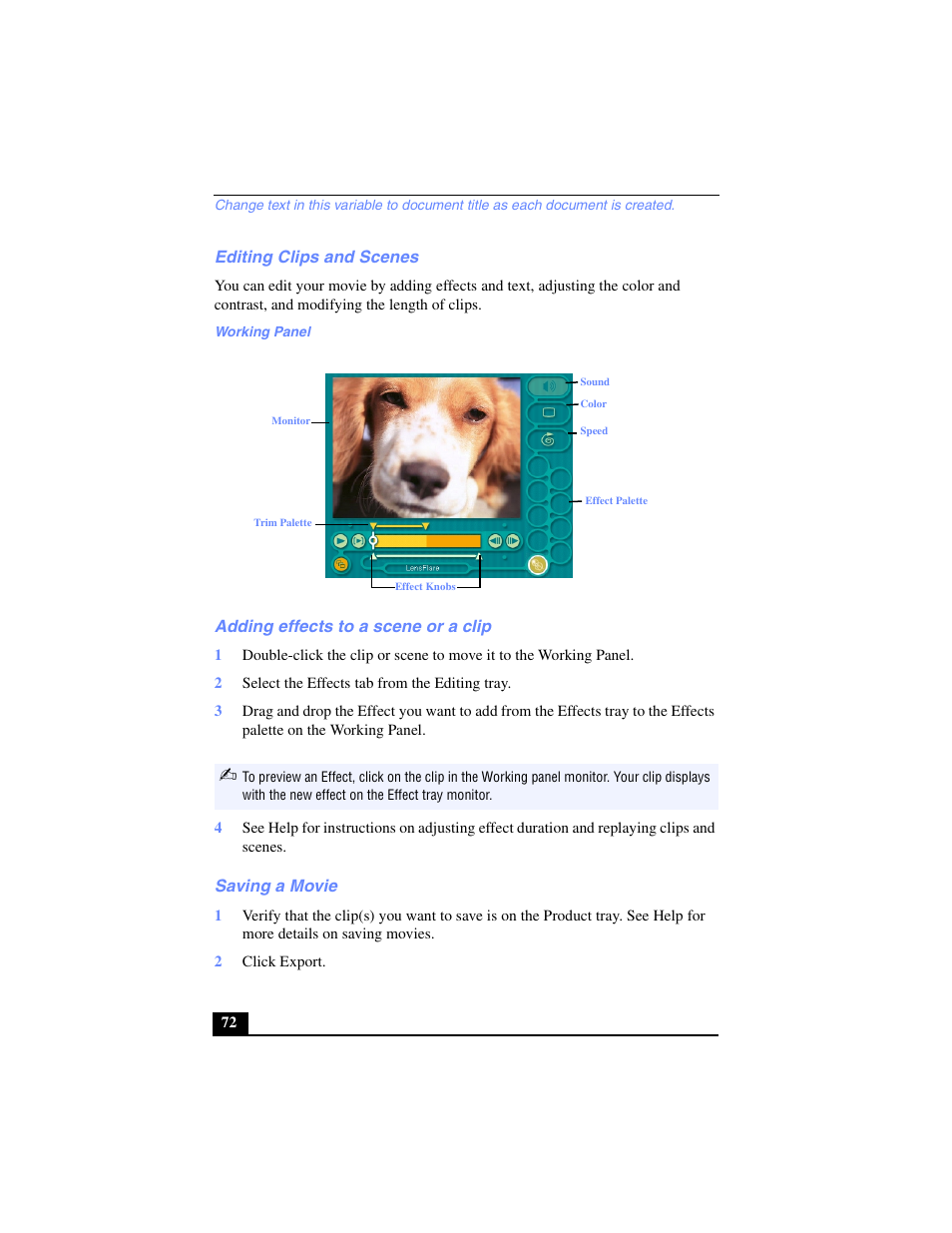 Editing clips and scenes, Adding effects to a scene or a clip, Saving a movie | Using the system recovery cd(s) | Sony PCG-FX270K User Manual | Page 72 / 138