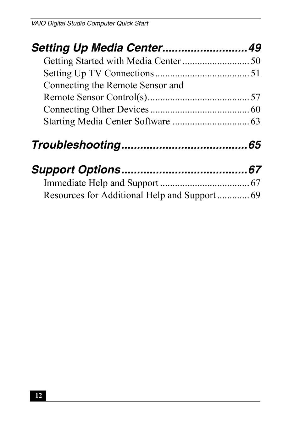 Setting up media center, Troubleshooting support options | Sony VGC-RA820G User Manual | Page 12 / 72