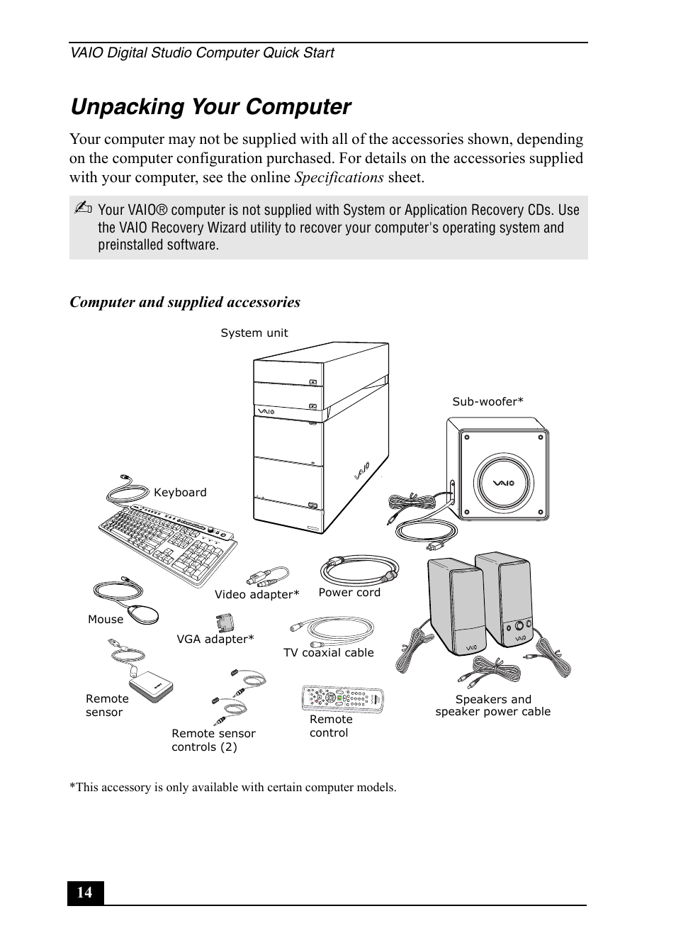 Unpacking your computer, Computer and supplied accessories, Vaio digital studio computer quick start | Sony VGC-RA820G User Manual | Page 14 / 72