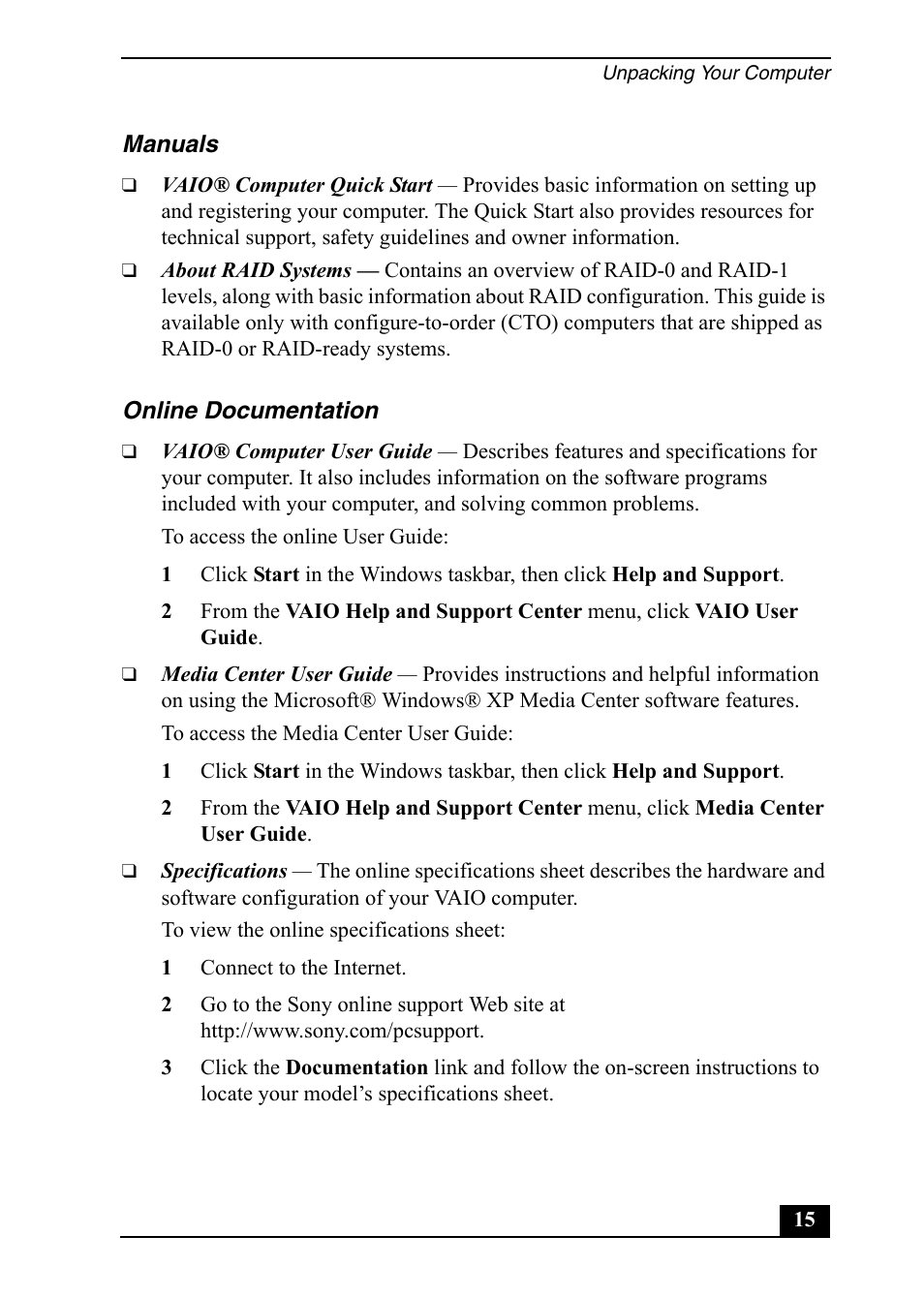 Sony VGC-RA820G User Manual | Page 15 / 72