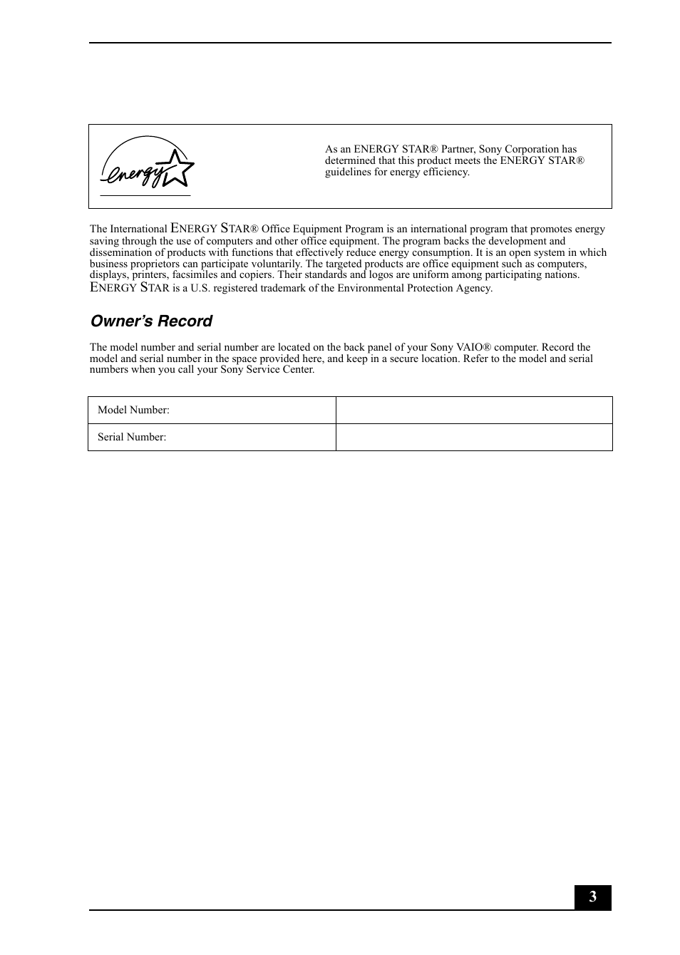 Owner’s record | Sony VGC-RA820G User Manual | Page 3 / 72