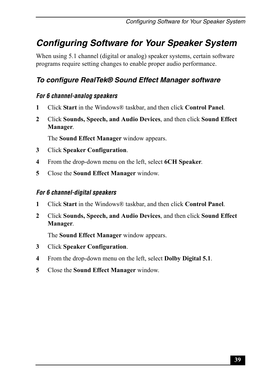 Configuring software for your speaker system | Sony VGC-RA820G User Manual | Page 39 / 72