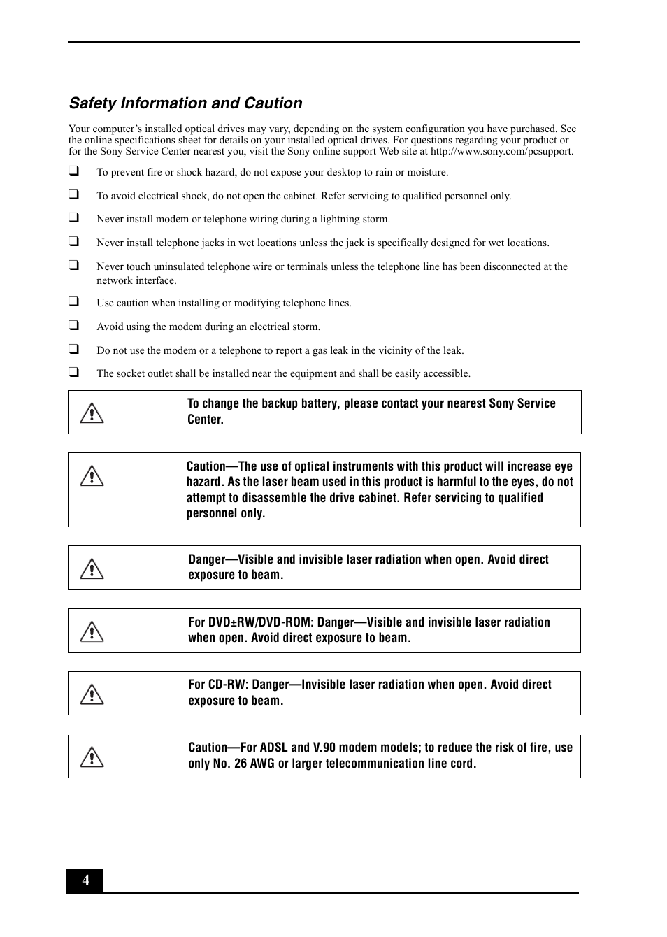 4safety information and caution | Sony VGC-RA820G User Manual | Page 4 / 72