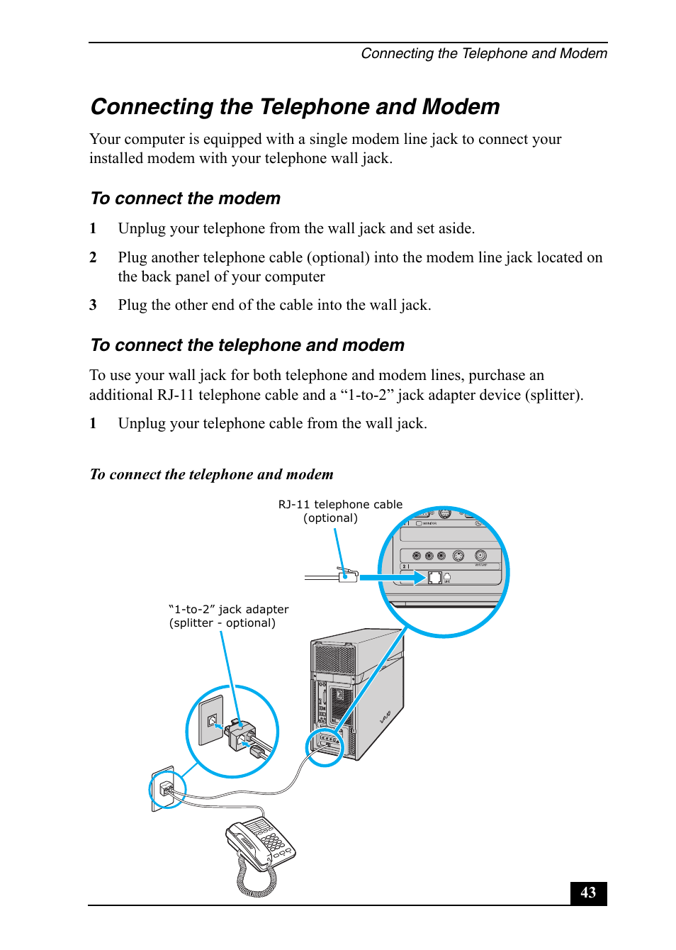 Connecting the telephone and modem | Sony VGC-RA820G User Manual | Page 43 / 72