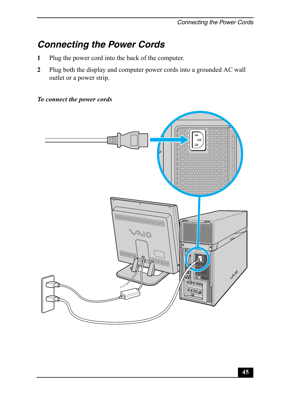 Connecting the power cords | Sony VGC-RA820G User Manual | Page 45 / 72