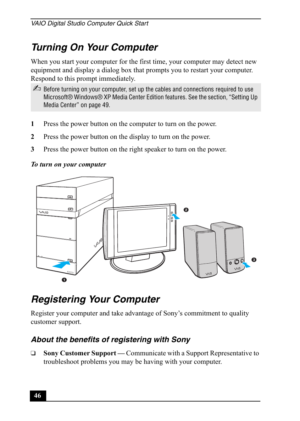 Turning on your computer, Registering your computer | Sony VGC-RA820G User Manual | Page 46 / 72