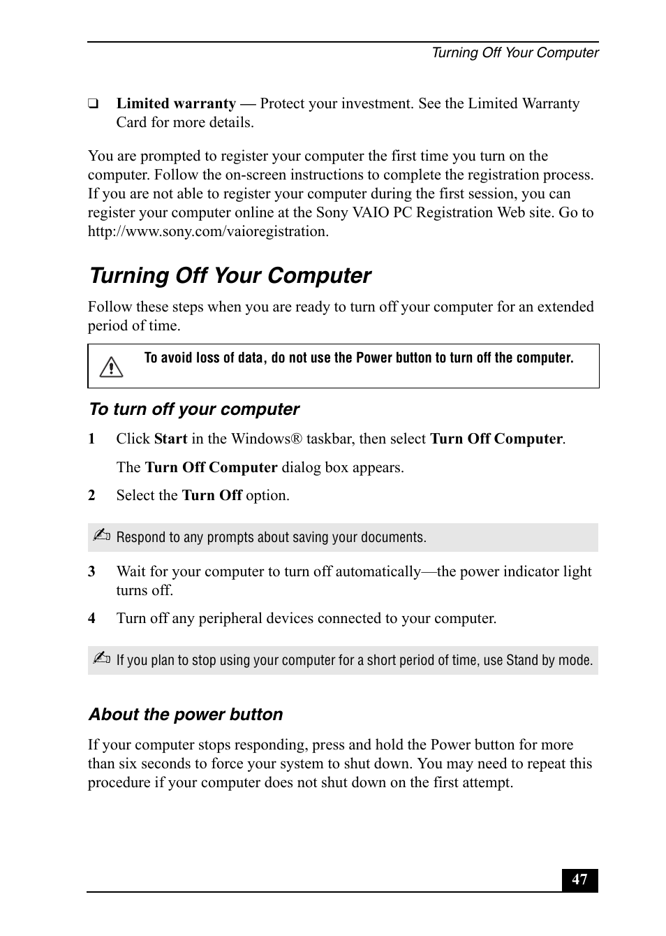 Turning off your computer | Sony VGC-RA820G User Manual | Page 47 / 72