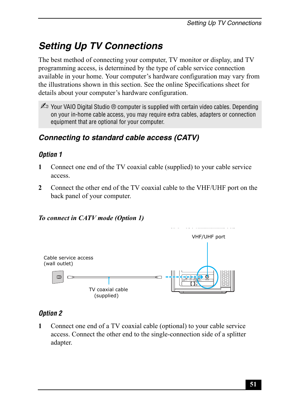 Setting up tv connections, Connecting to standard cable access (catv) | Sony VGC-RA820G User Manual | Page 51 / 72