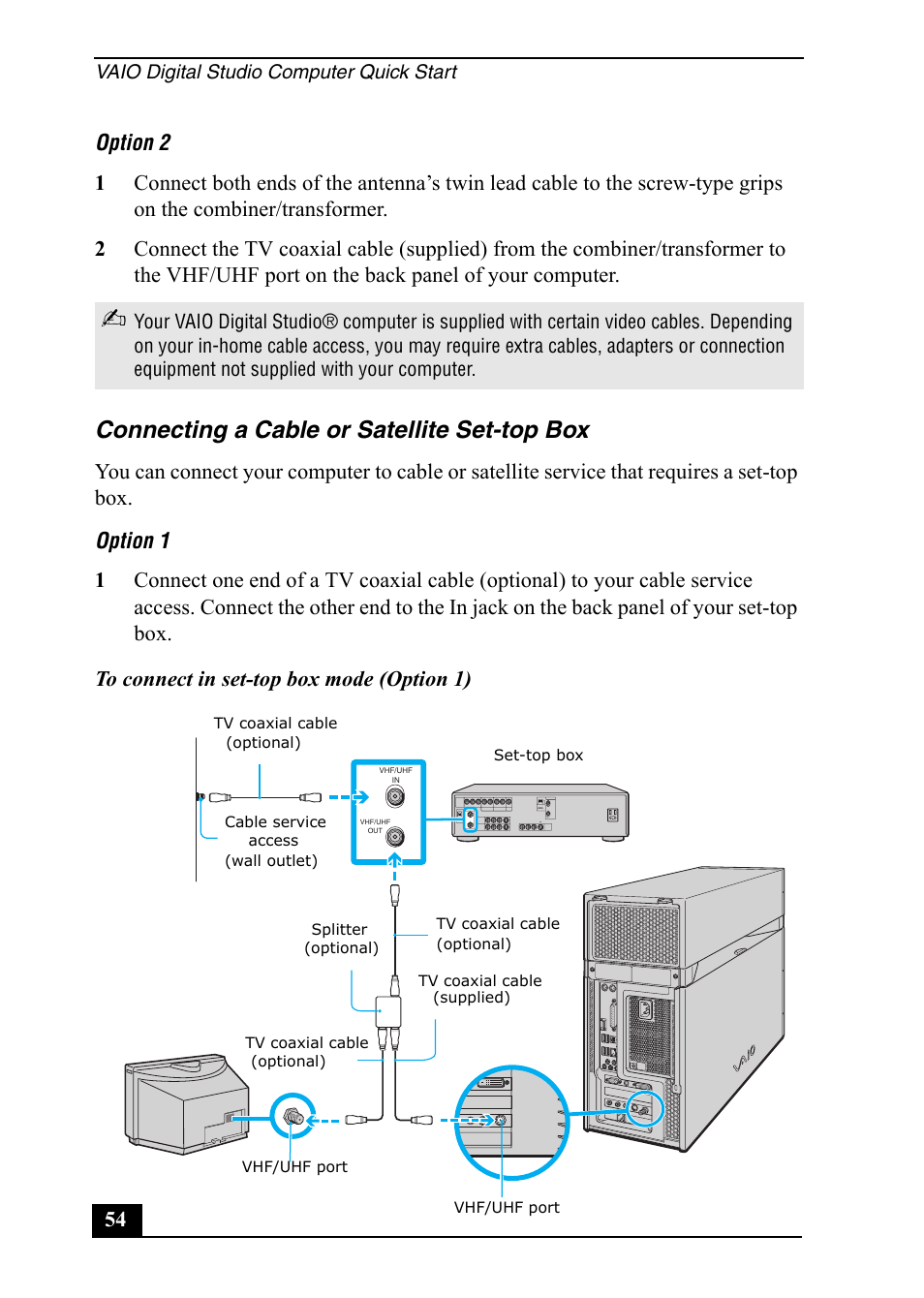 Connecting a cable or satellite set-top box | Sony VGC-RA820G User Manual | Page 54 / 72