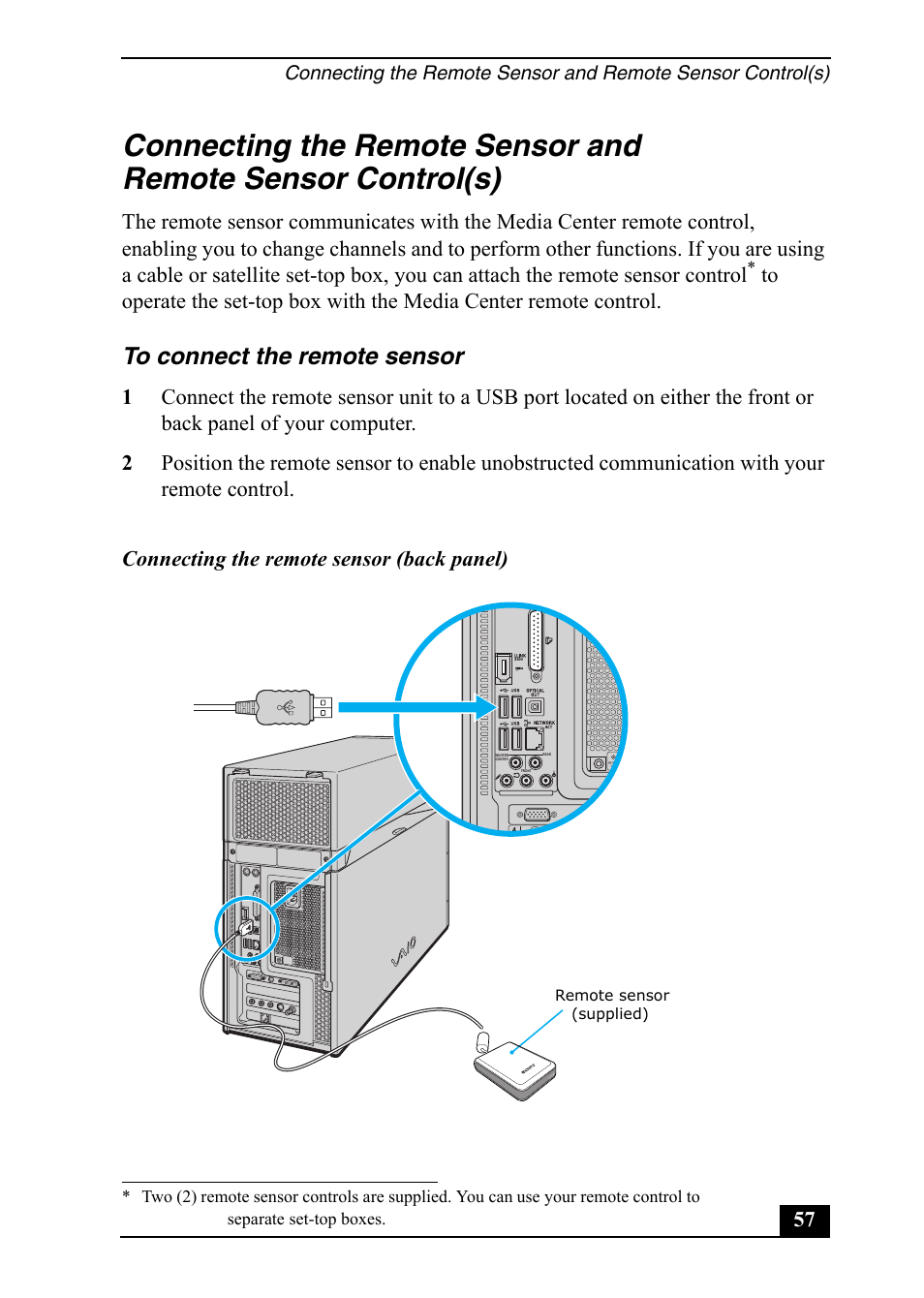 Connecting the remote sensor (back panel) | Sony VGC-RA820G User Manual | Page 57 / 72