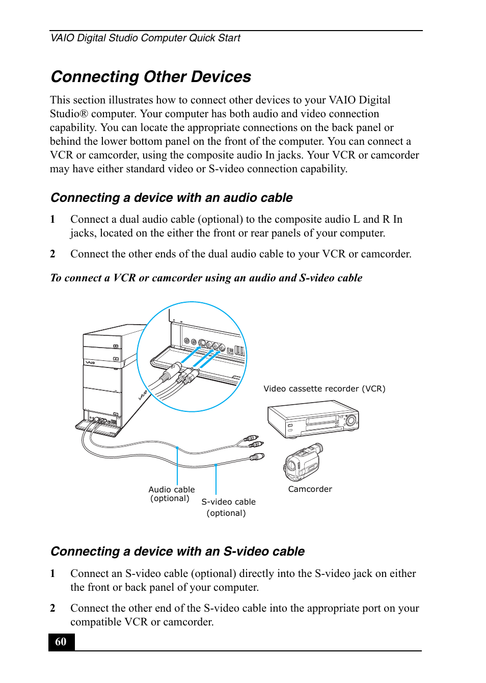 Connecting other devices, Connecting a device with an audio cable, Connecting a device with an s-video cable | Sony VGC-RA820G User Manual | Page 60 / 72