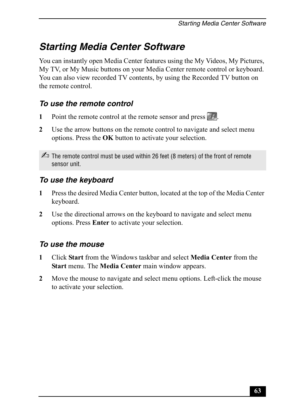 Starting media center software | Sony VGC-RA820G User Manual | Page 63 / 72