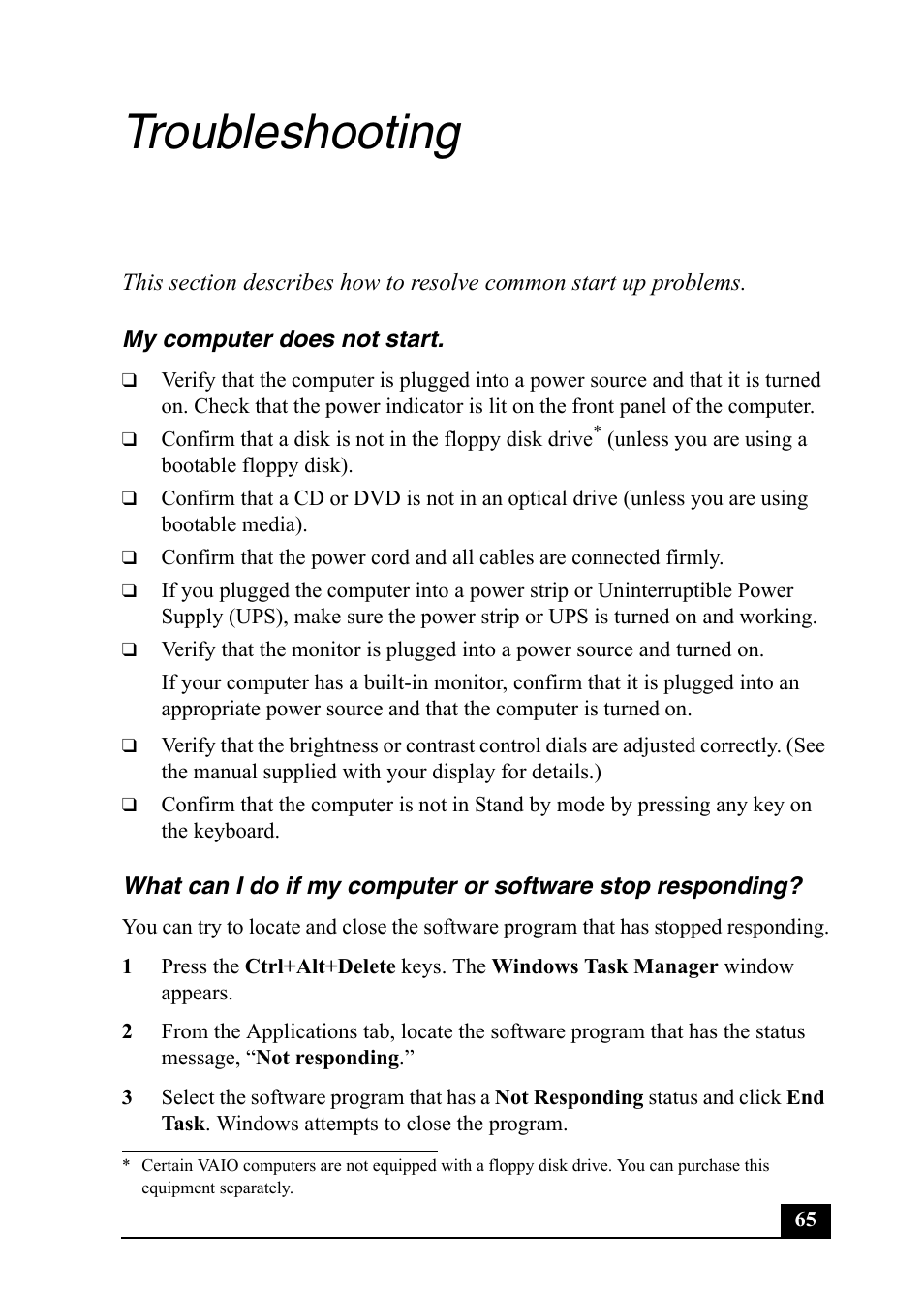 Troubleshooting | Sony VGC-RA820G User Manual | Page 65 / 72