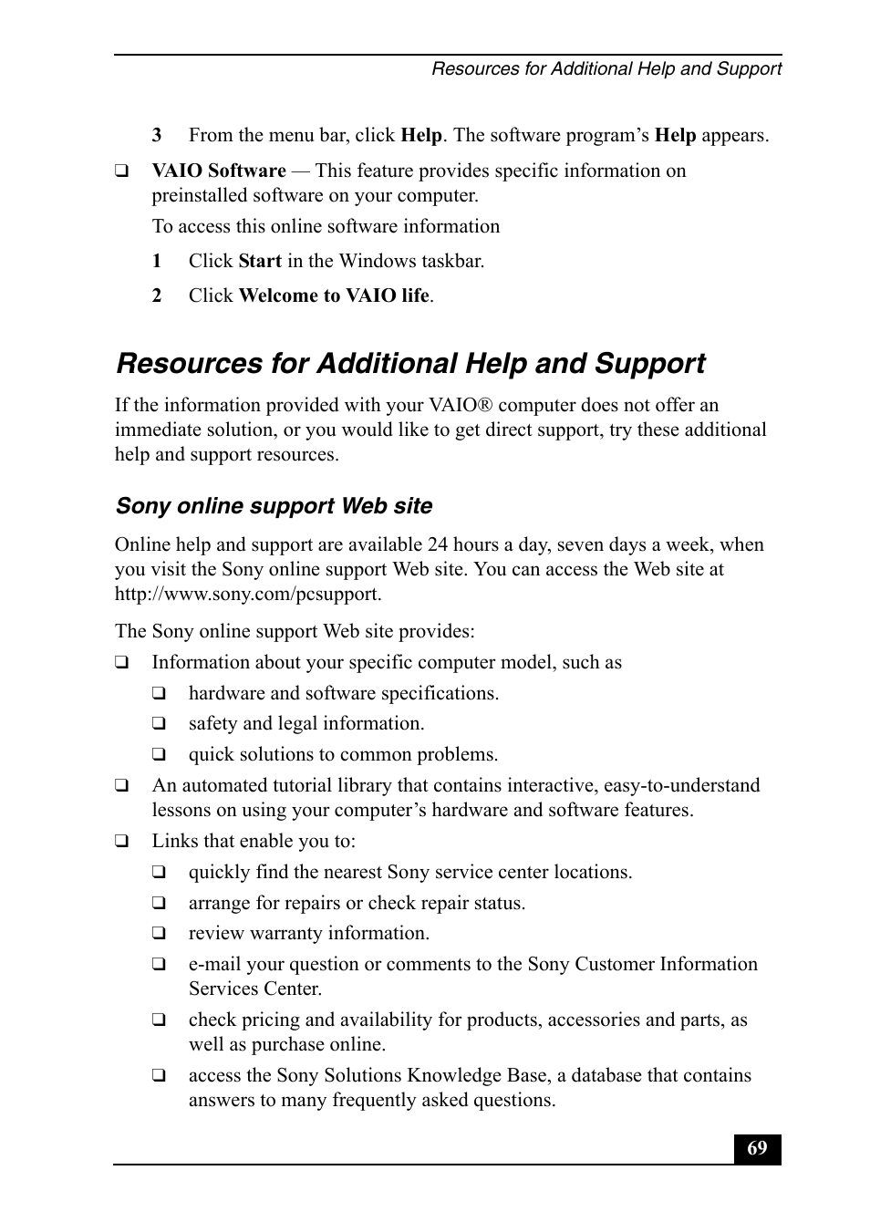 Resources for additional help and support | Sony VGC-RA820G User Manual | Page 69 / 72