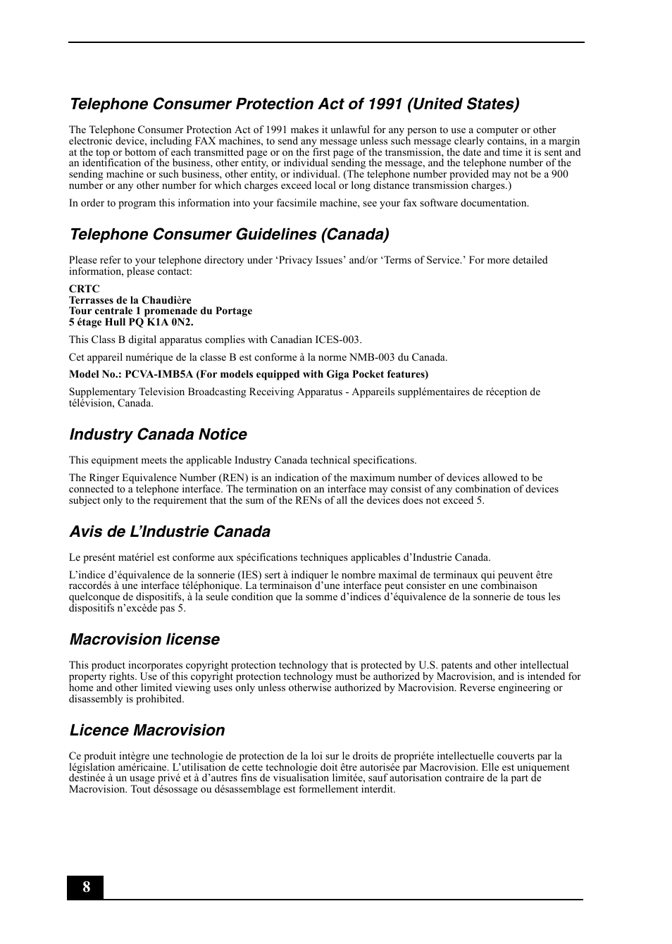 Telephone consumer guidelines (canada), Industry canada notice, Avis de l’industrie canada | Macrovision license, Licence macrovision | Sony VGC-RA820G User Manual | Page 8 / 72