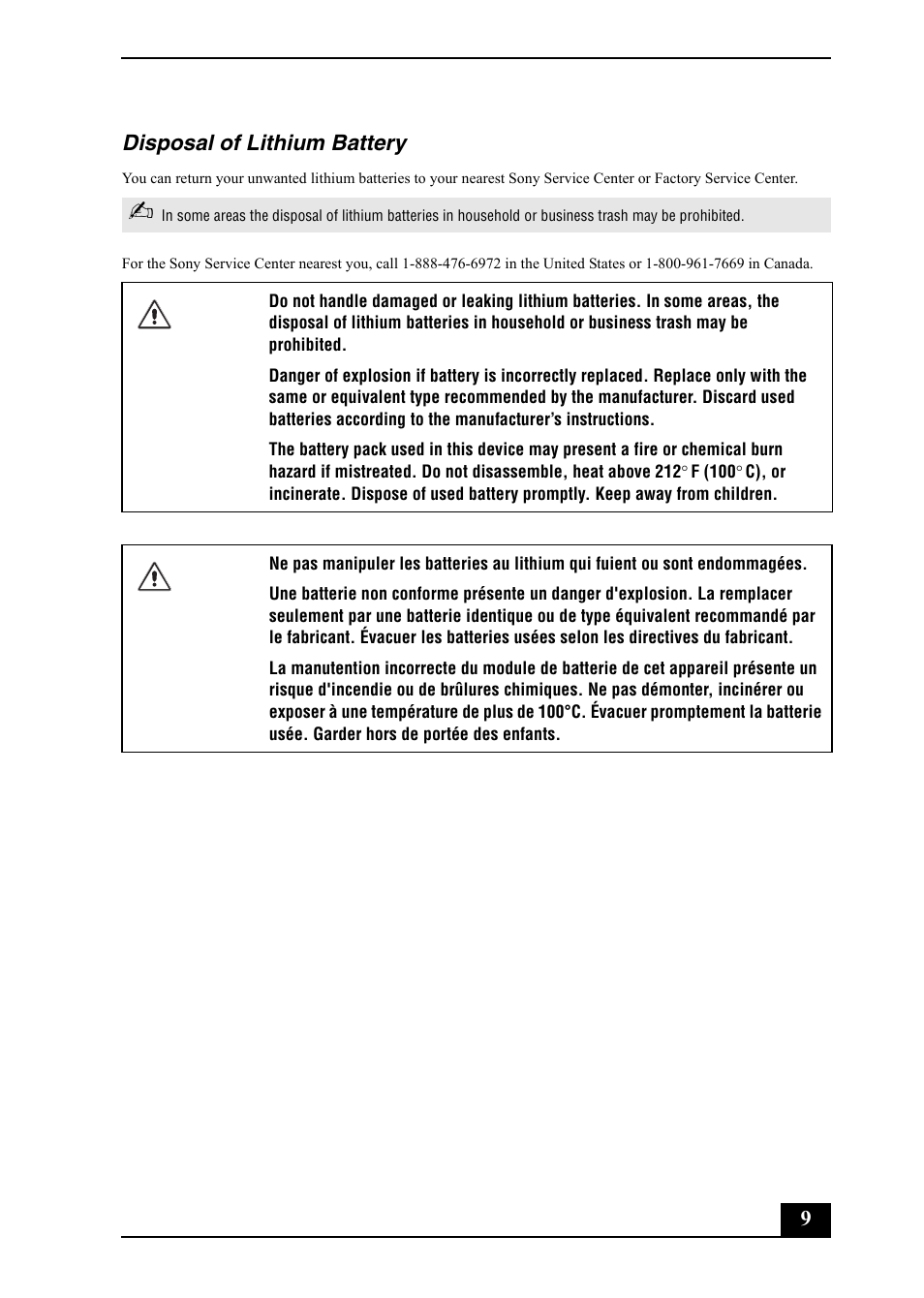 9disposal of lithium battery | Sony VGC-RA820G User Manual | Page 9 / 72