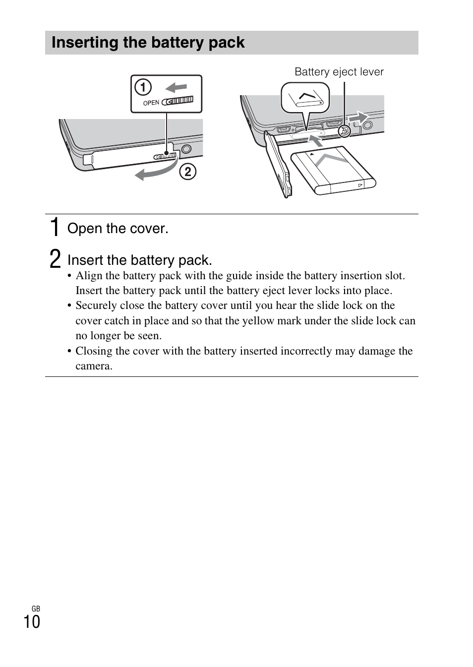 Inserting the battery pack | Sony DSC-TX200V User Manual | Page 10 / 68