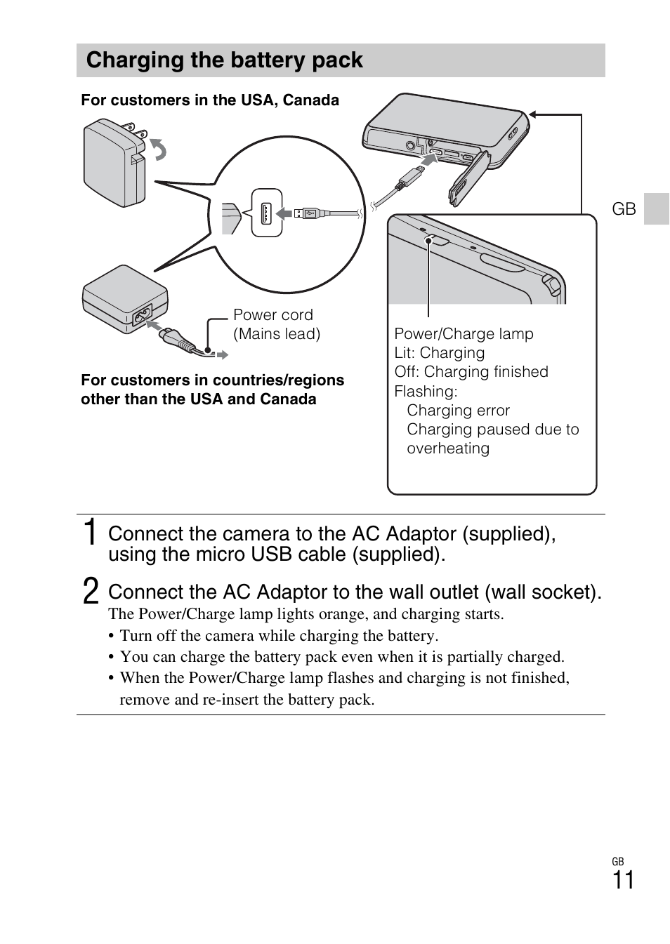 Charging the battery pack | Sony DSC-TX200V User Manual | Page 11 / 68