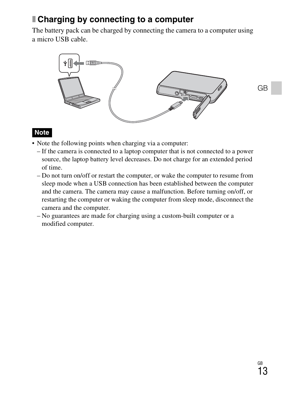 Xcharging by connecting to a computer | Sony DSC-TX200V User Manual | Page 13 / 68