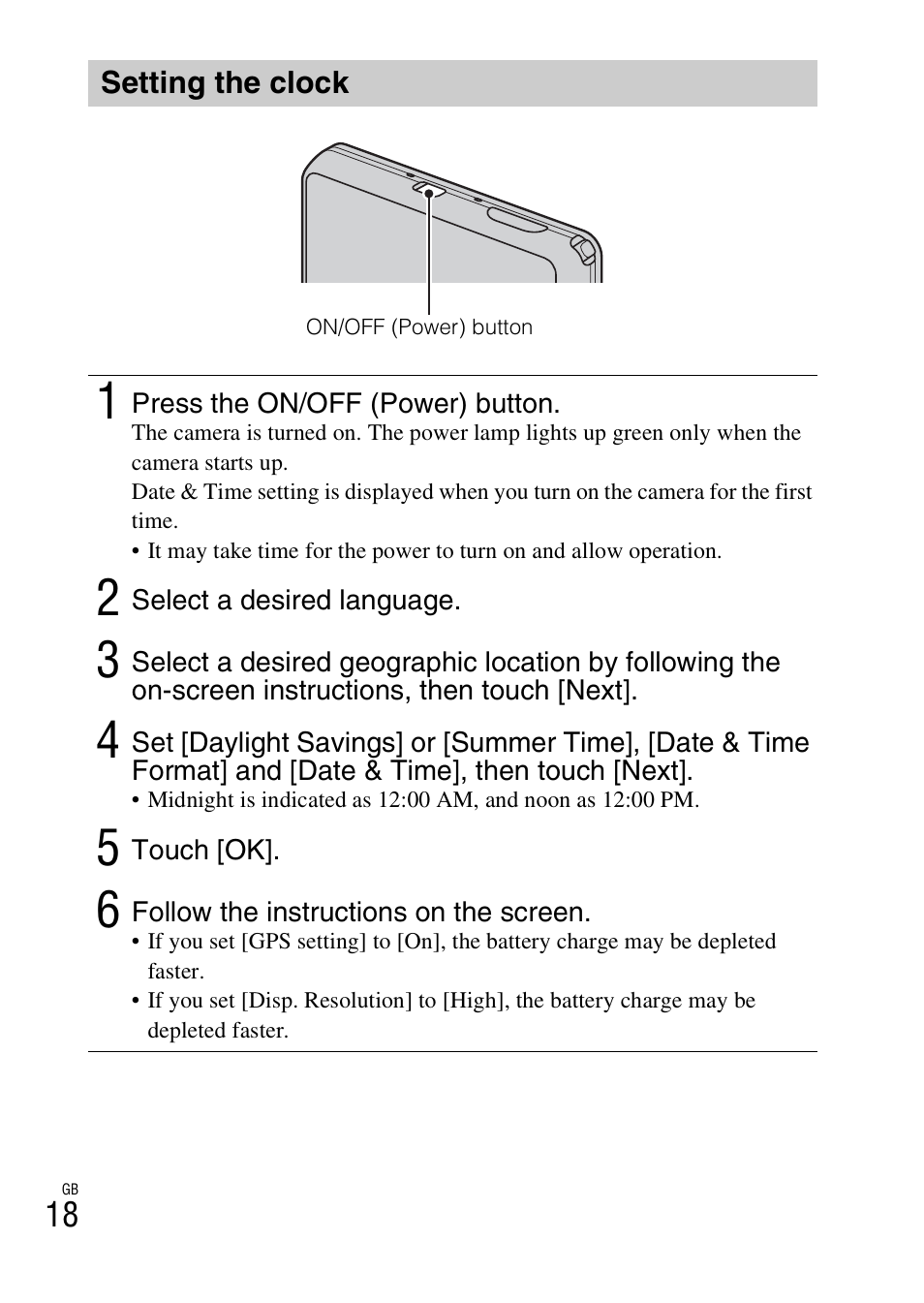 Setting the clock | Sony DSC-TX200V User Manual | Page 18 / 68