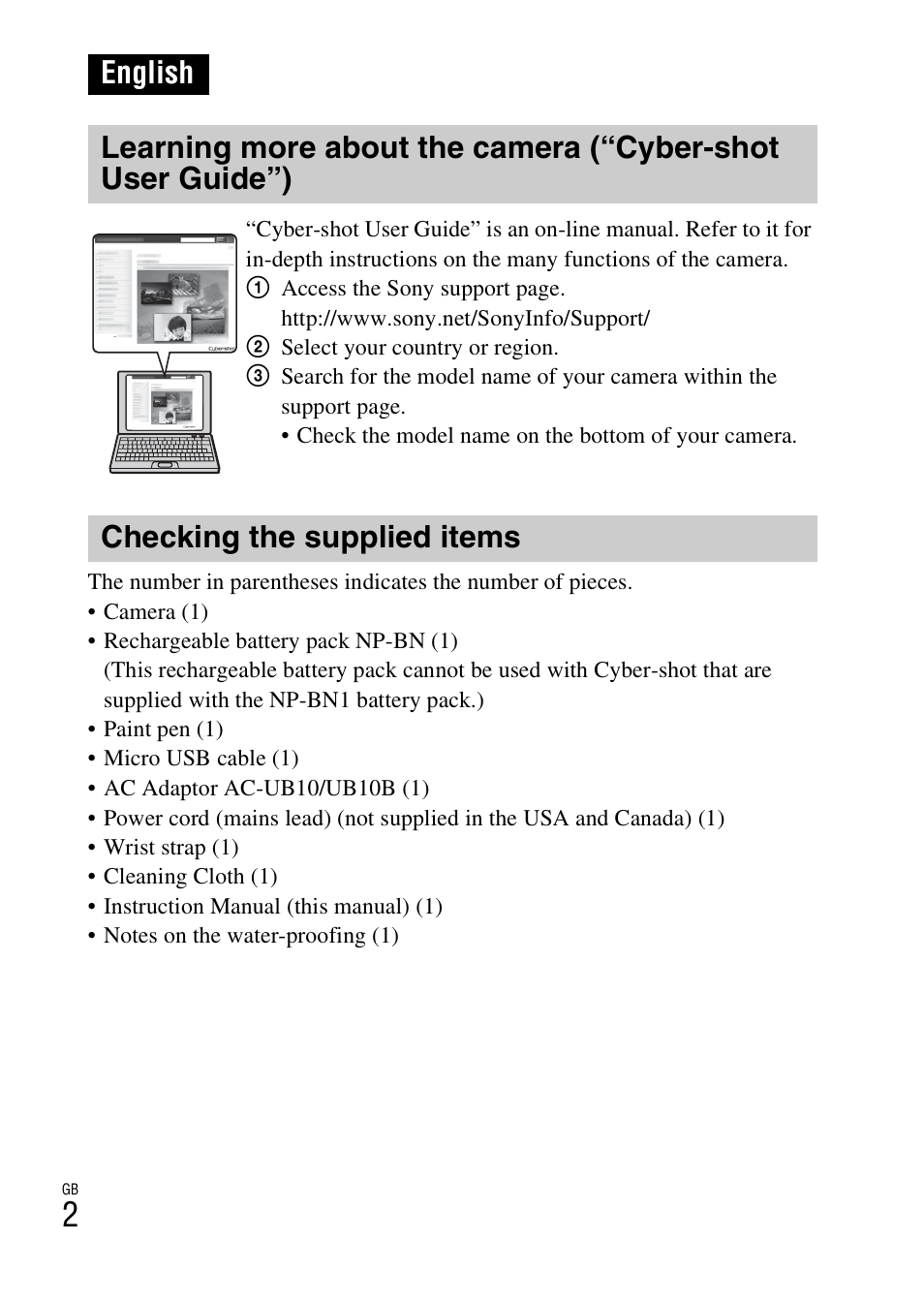 English, Checking the supplied items | Sony DSC-TX200V User Manual | Page 2 / 68