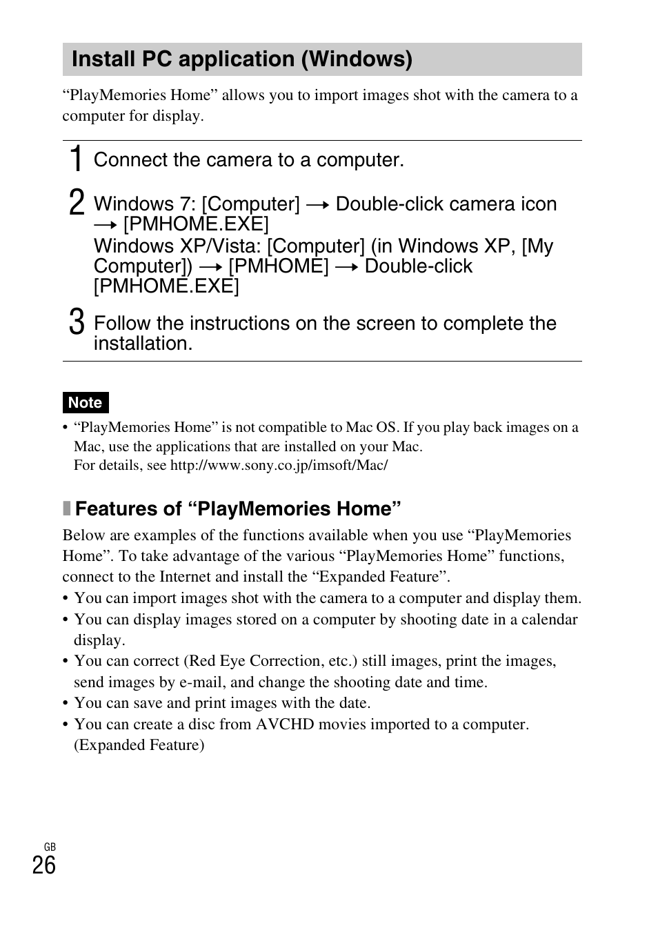 Install pc application (windows) | Sony DSC-TX200V User Manual | Page 26 / 68