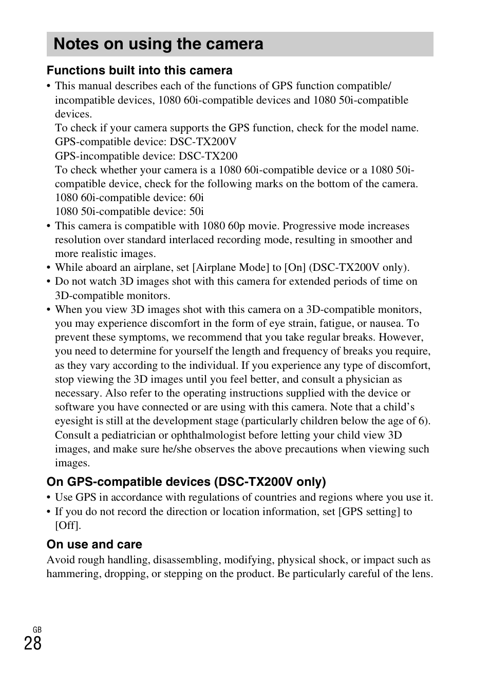 Notes on using the camera | Sony DSC-TX200V User Manual | Page 28 / 68