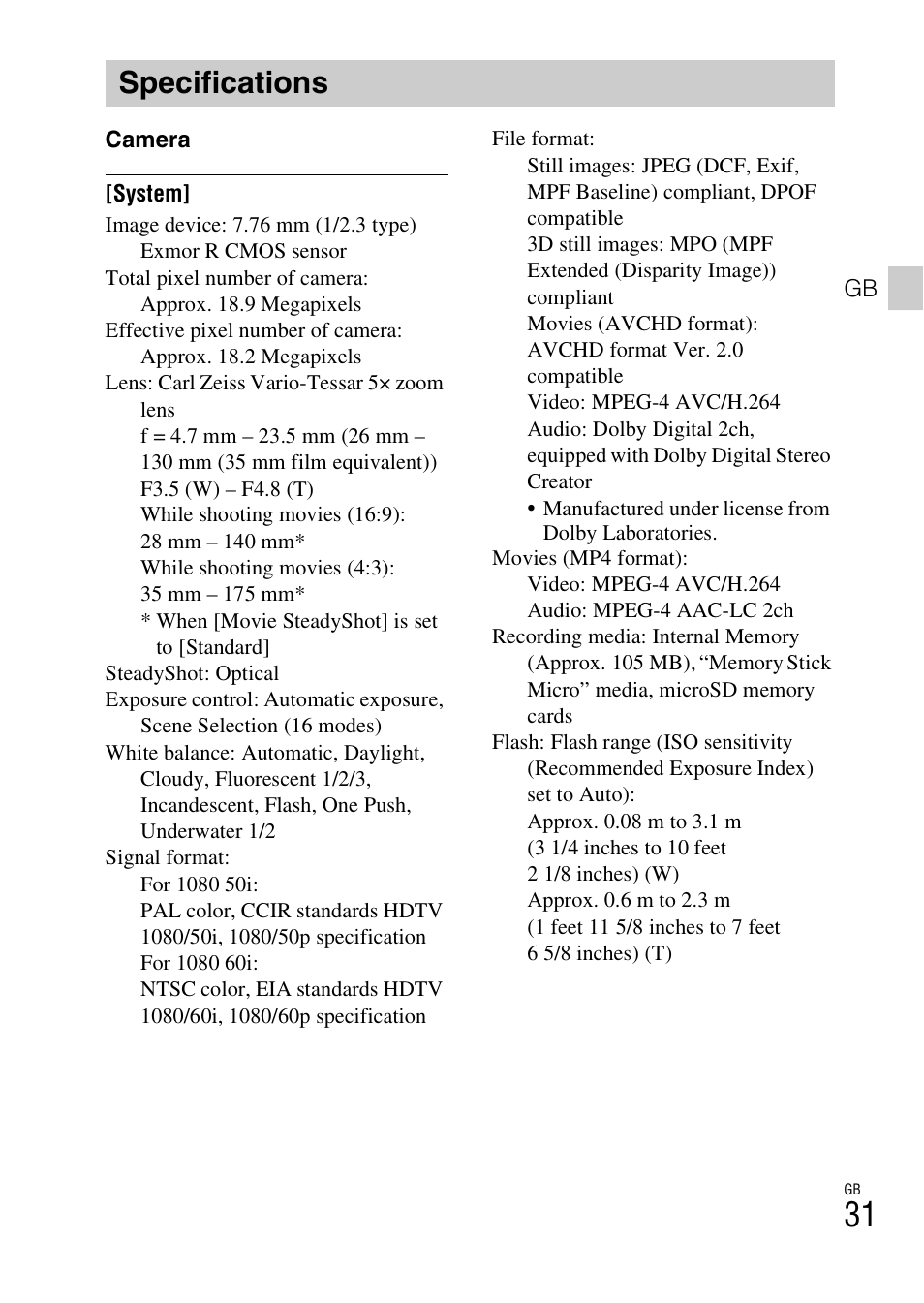 Specifications | Sony DSC-TX200V User Manual | Page 31 / 68