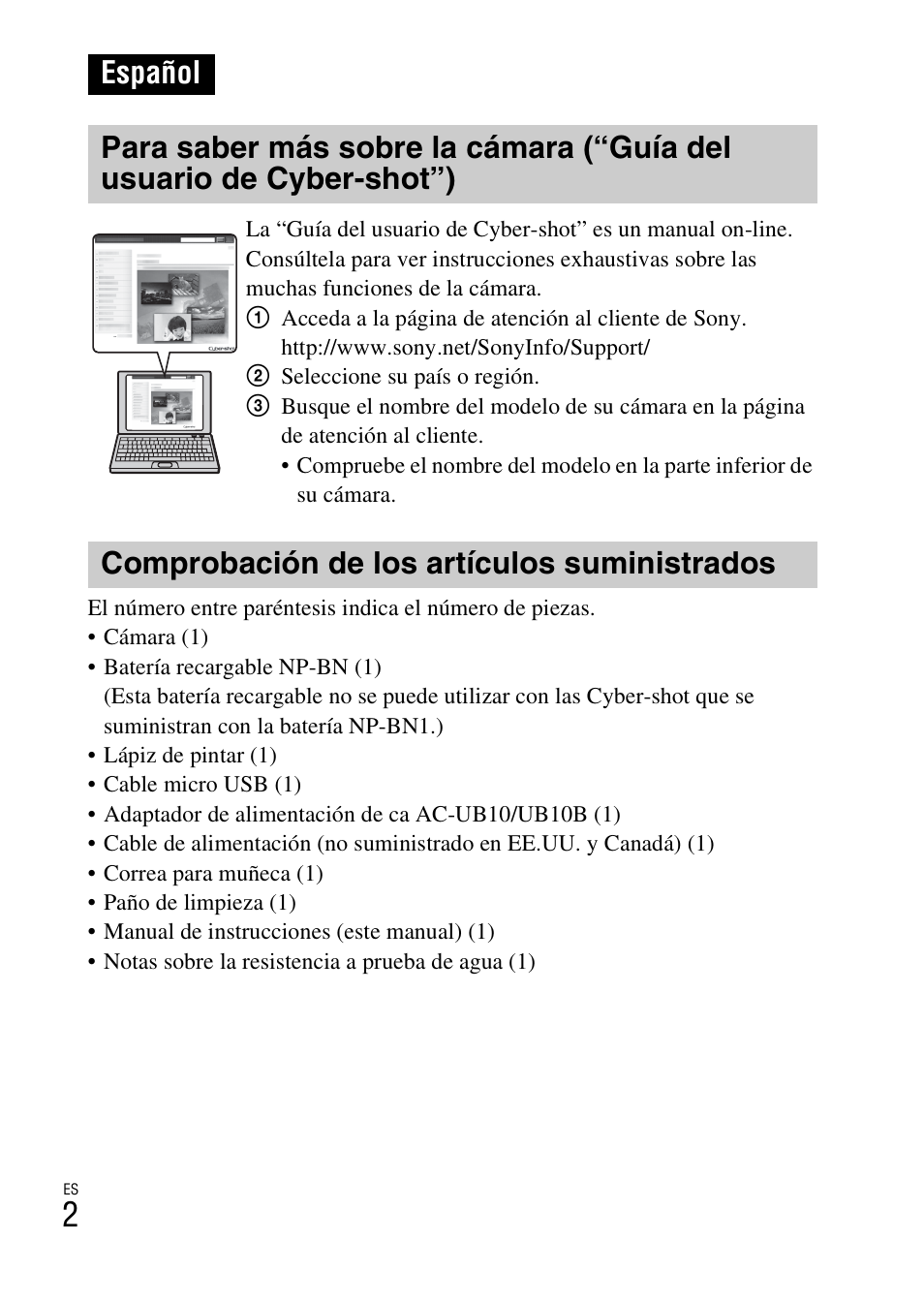 Español, Comprobación de los artículos suministrados | Sony DSC-TX200V User Manual | Page 34 / 68