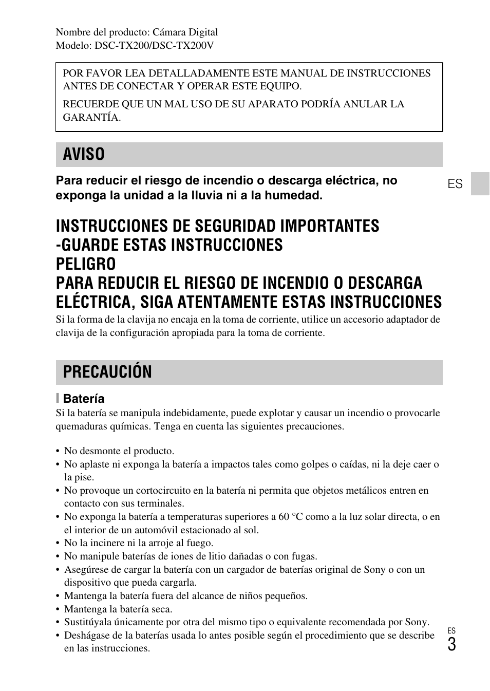 Aviso precaución | Sony DSC-TX200V User Manual | Page 35 / 68