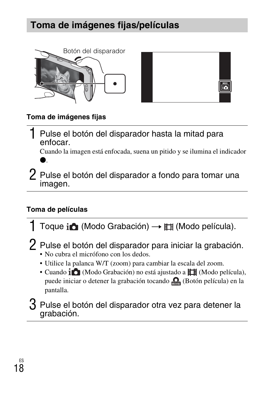 Toma de imágenes fijas/películas | Sony DSC-TX200V User Manual | Page 50 / 68