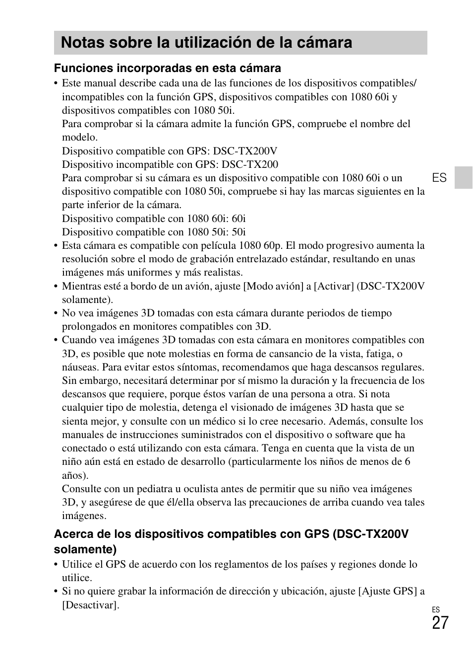 Notas sobre la utilización de la cámara | Sony DSC-TX200V User Manual | Page 59 / 68