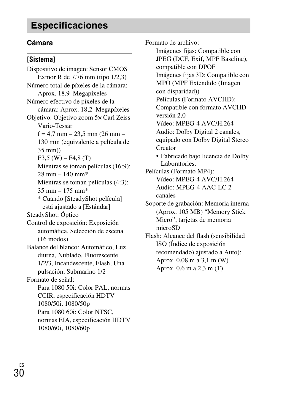 Especificaciones | Sony DSC-TX200V User Manual | Page 62 / 68