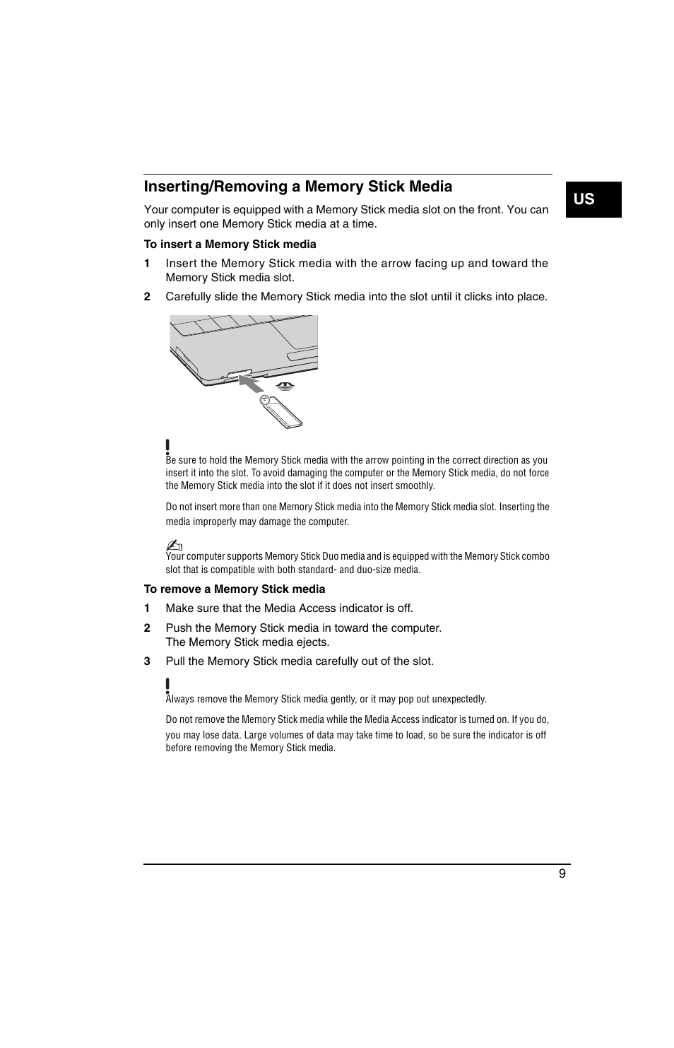 Inserting/removing a memory stick media | Sony VGN-TX770P User Manual | Page 11 / 40