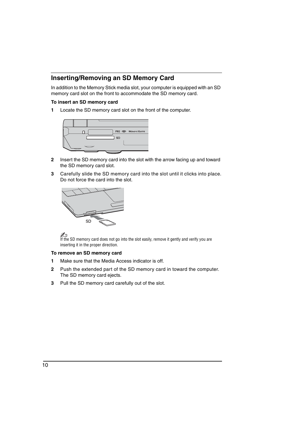 Inserting/removing an sd memory card | Sony VGN-TX770P User Manual | Page 12 / 40