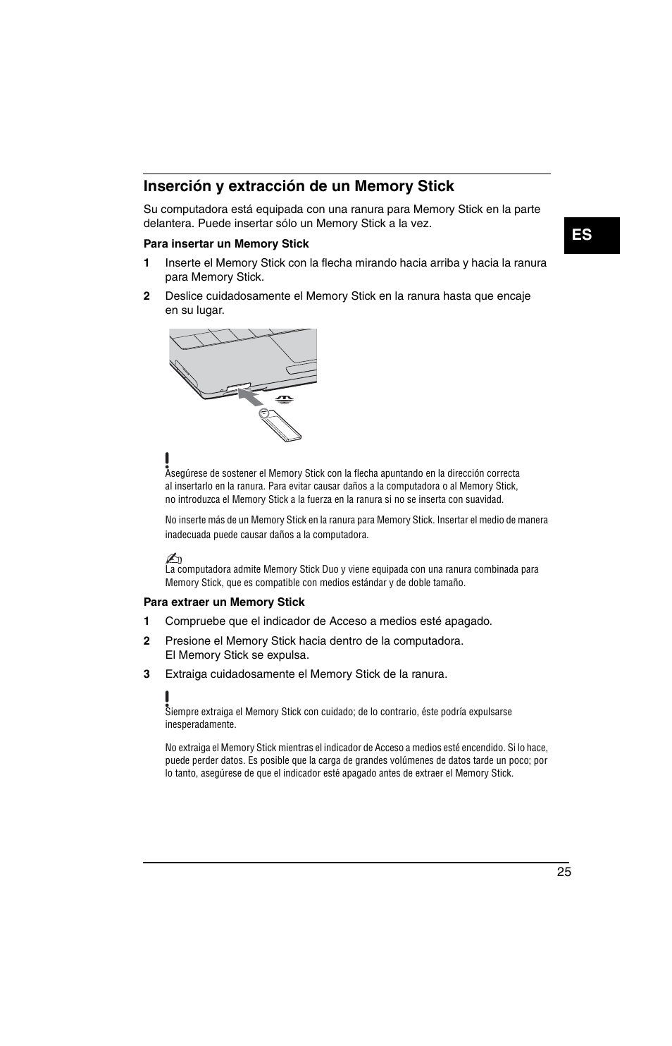 Inserción y extracción de un memory stick | Sony VGN-TX770P User Manual | Page 27 / 40
