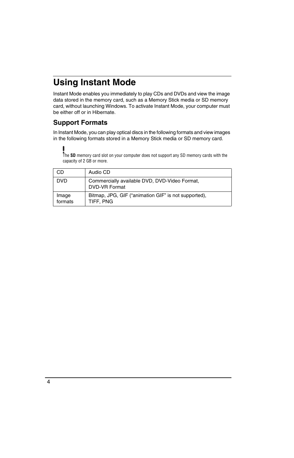 Using instant mode, Support formats | Sony VGN-TX770P User Manual | Page 6 / 40