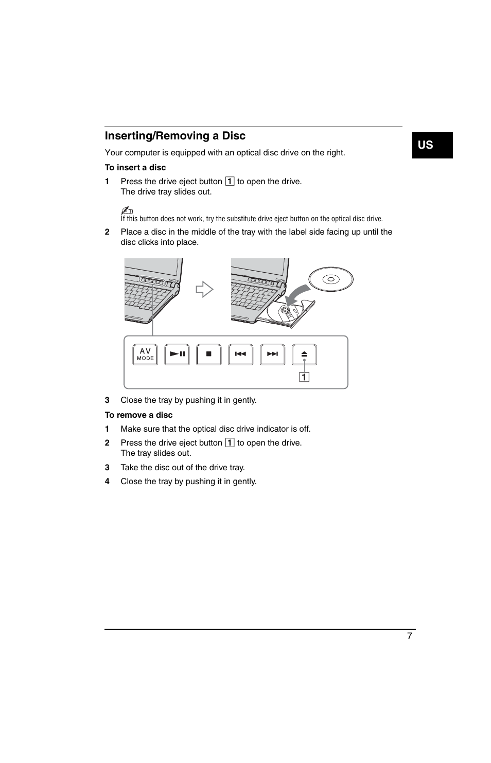 Inserting/removing a disc, Us inserting/removing a disc | Sony VGN-TX770P User Manual | Page 9 / 40