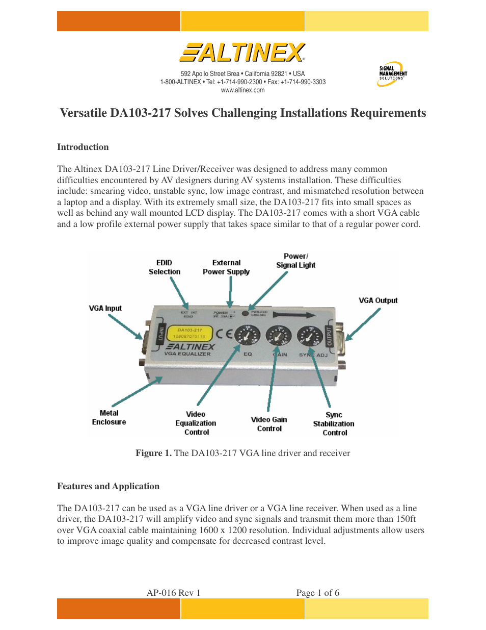 Altinex VGA Line Receiver DA103-217 User Manual | 6 pages