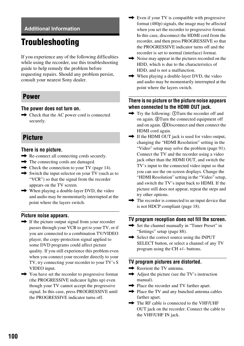 Additional information, Troubleshooting, Power picture | Sony RDR-HX715 User Manual | Page 100 / 124