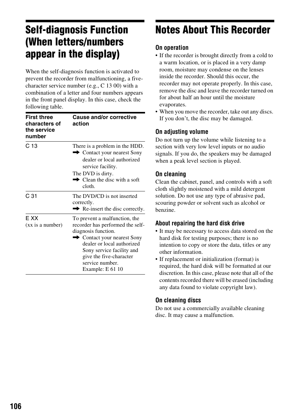 Notes about this recorder | Sony RDR-HX715 User Manual | Page 106 / 124