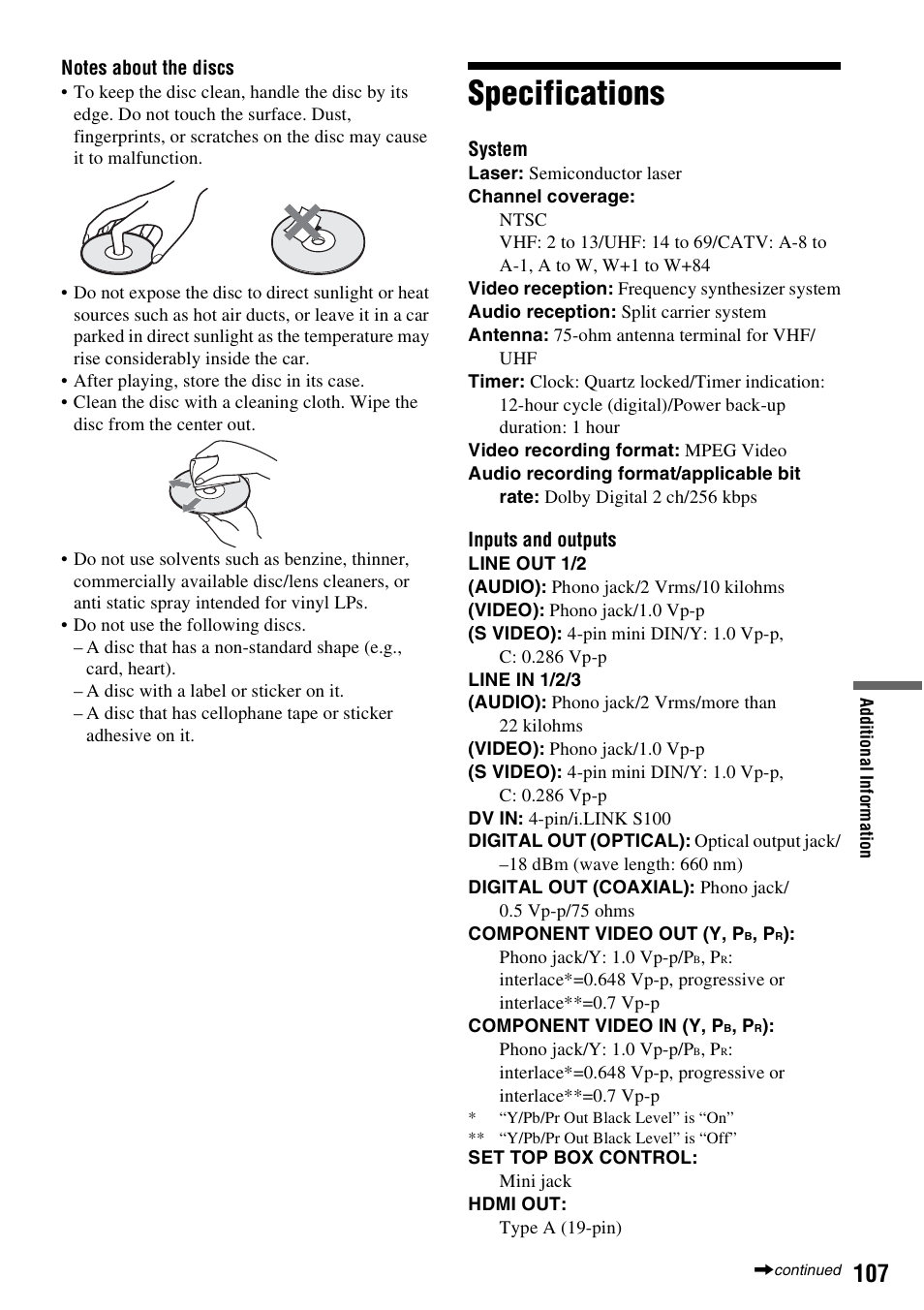 Specifications | Sony RDR-HX715 User Manual | Page 107 / 124