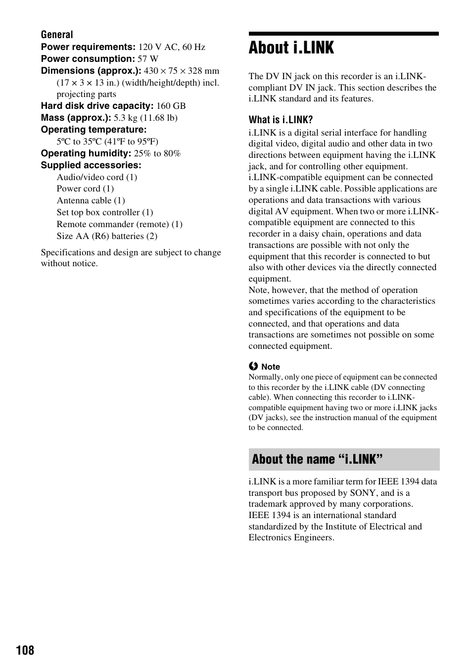 About i.link, About the name “i.link | Sony RDR-HX715 User Manual | Page 108 / 124