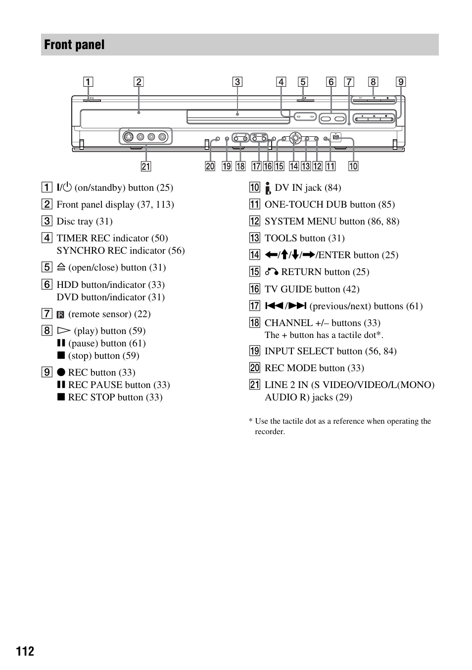 Front panel | Sony RDR-HX715 User Manual | Page 112 / 124