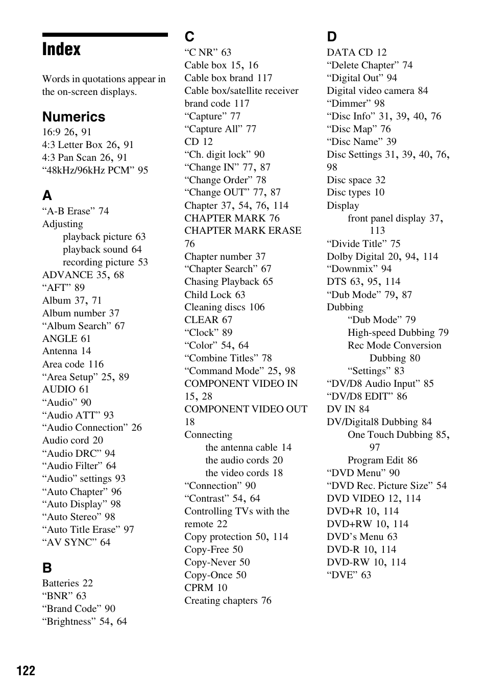 Index, Numerics | Sony RDR-HX715 User Manual | Page 122 / 124