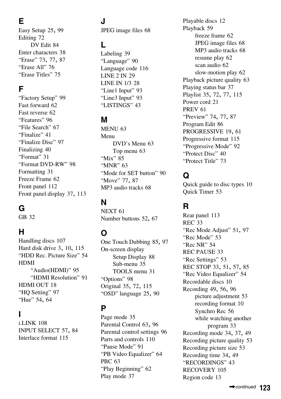 Sony RDR-HX715 User Manual | Page 123 / 124