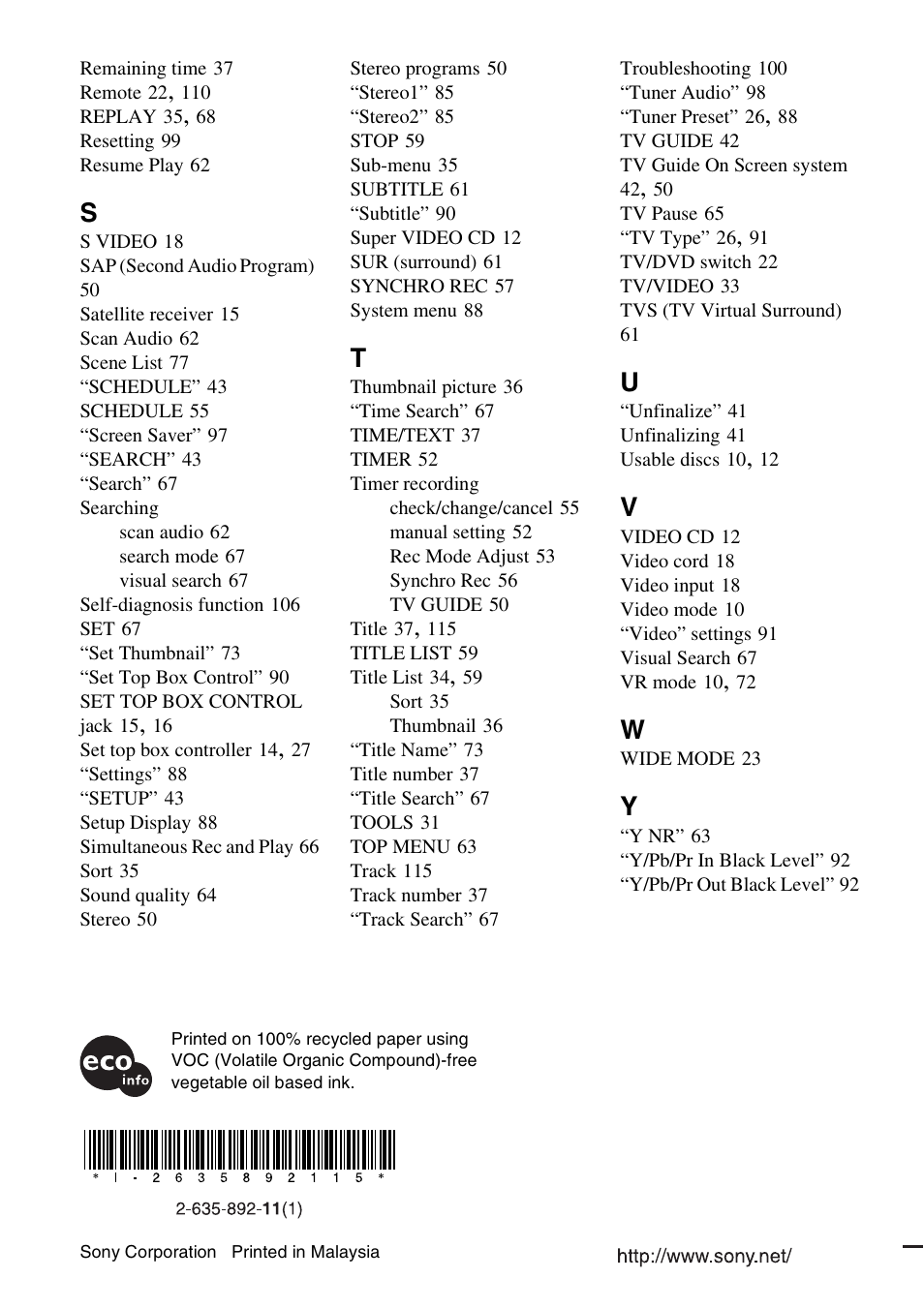 Sony RDR-HX715 User Manual | Page 124 / 124